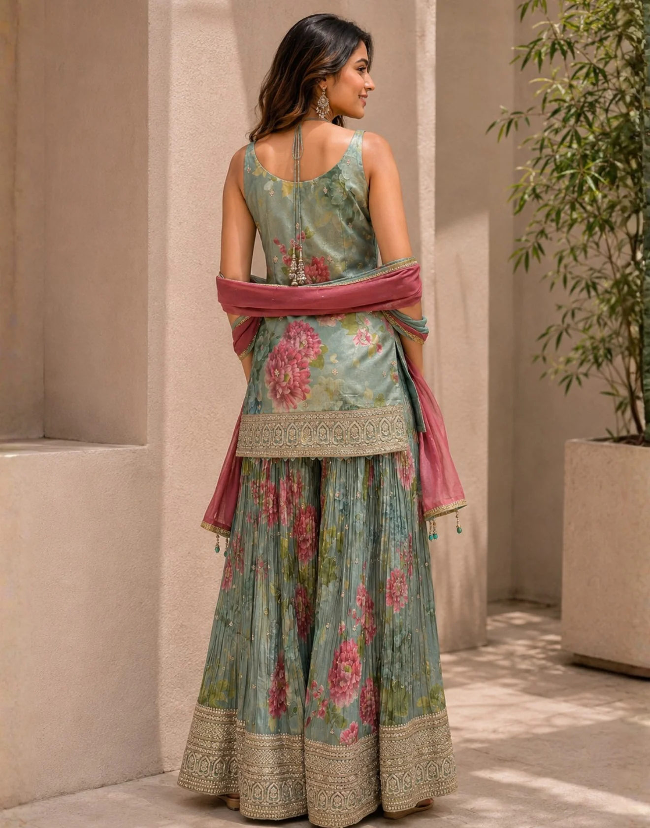 Dusty Green With Multihue Floral Printed Festive Gharara Set - Image 2