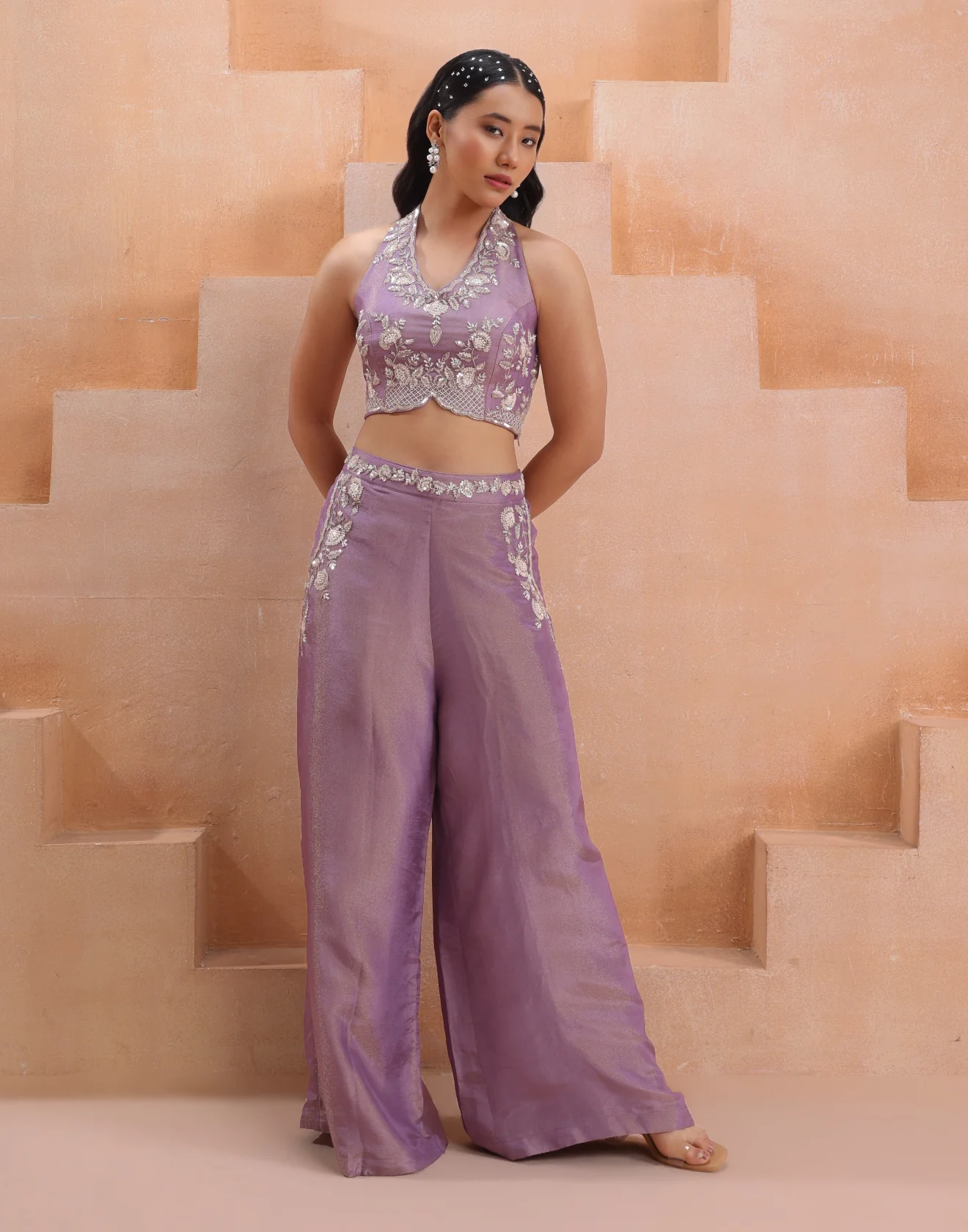 Dusty Lavender Hand Embroidered Tissue Silk Indo-Western Suit Set
