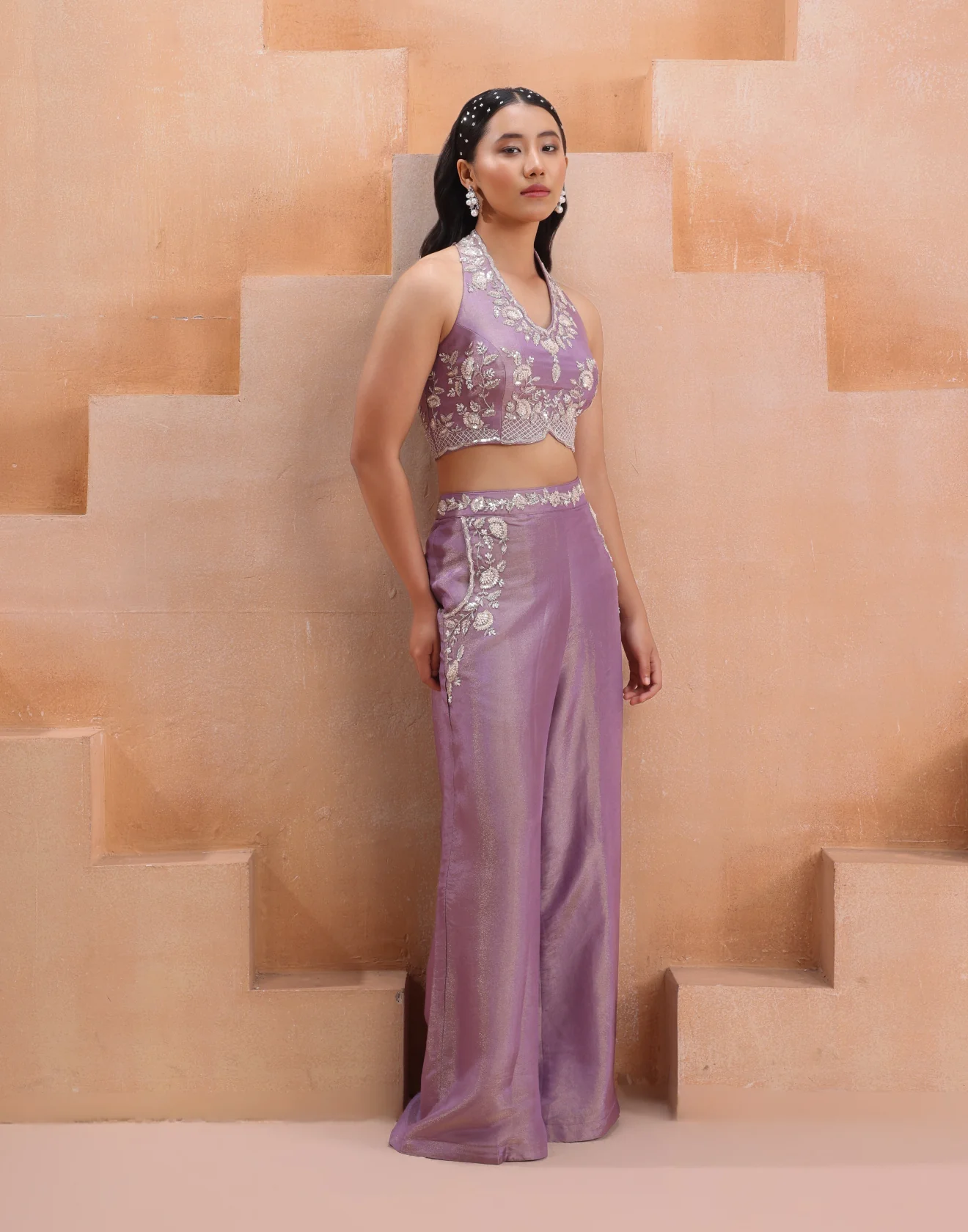 Dusty Lavender Hand Embroidered Tissue Silk Indo-Western Suit Set - Image 2