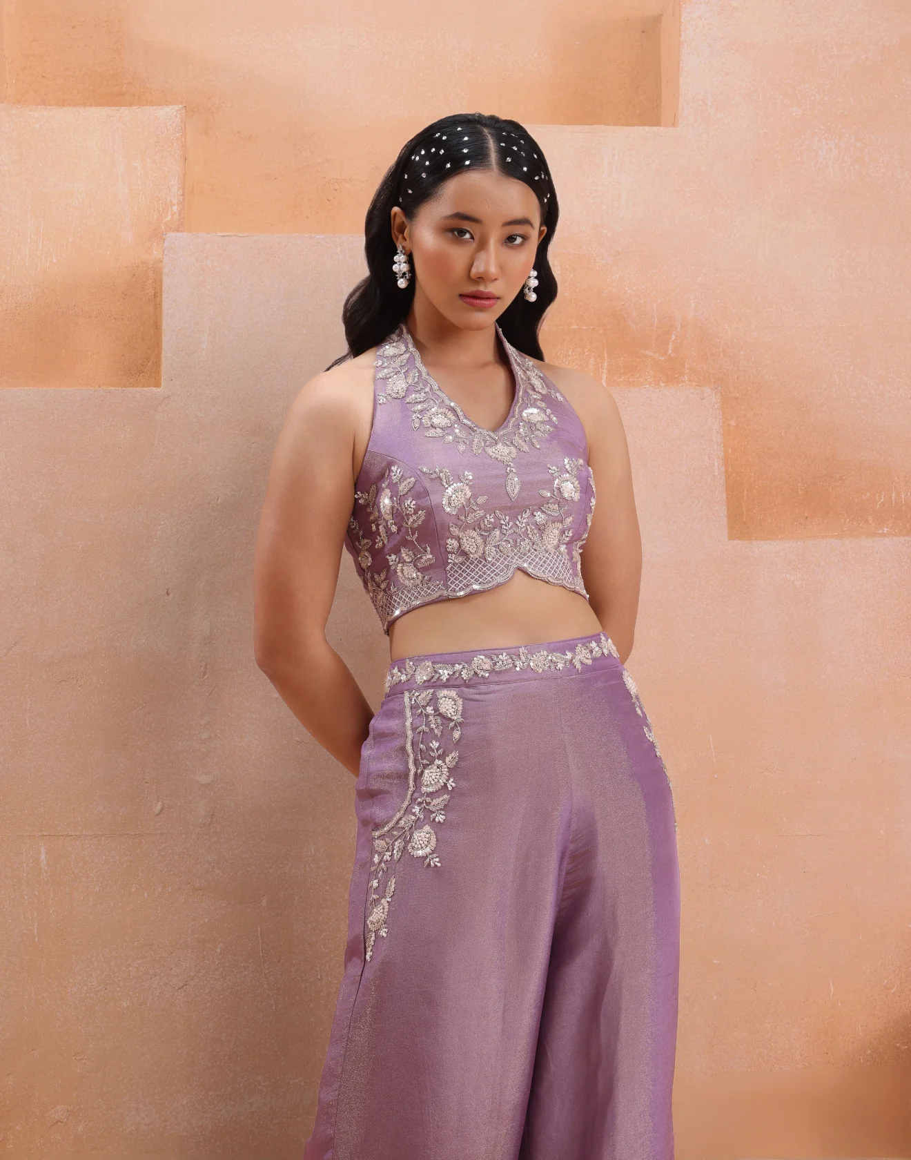 Dusty Lavender Hand Embroidered Tissue Silk Indo-Western Suit Set - Image 3