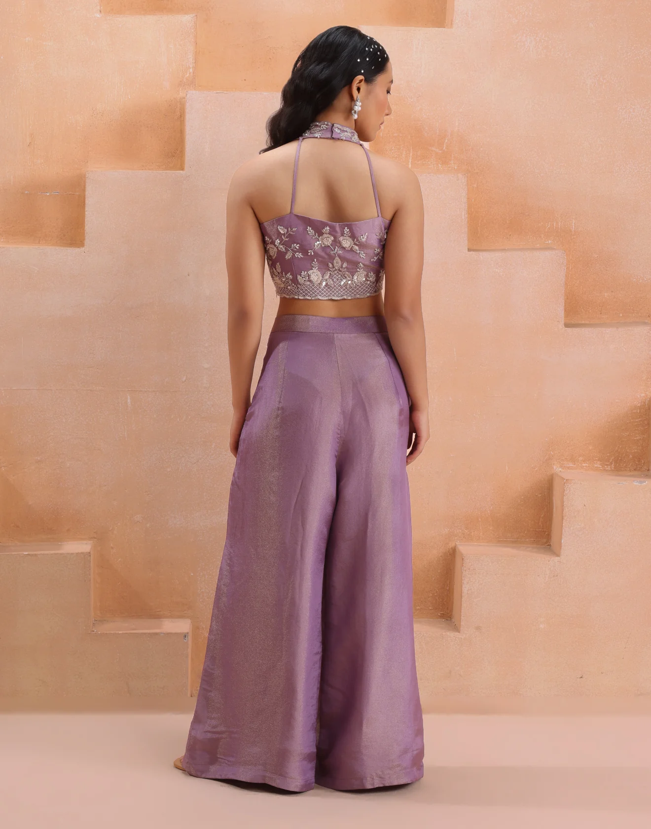 Dusty Lavender Hand Embroidered Tissue Silk Indo-Western Suit Set - Image 5