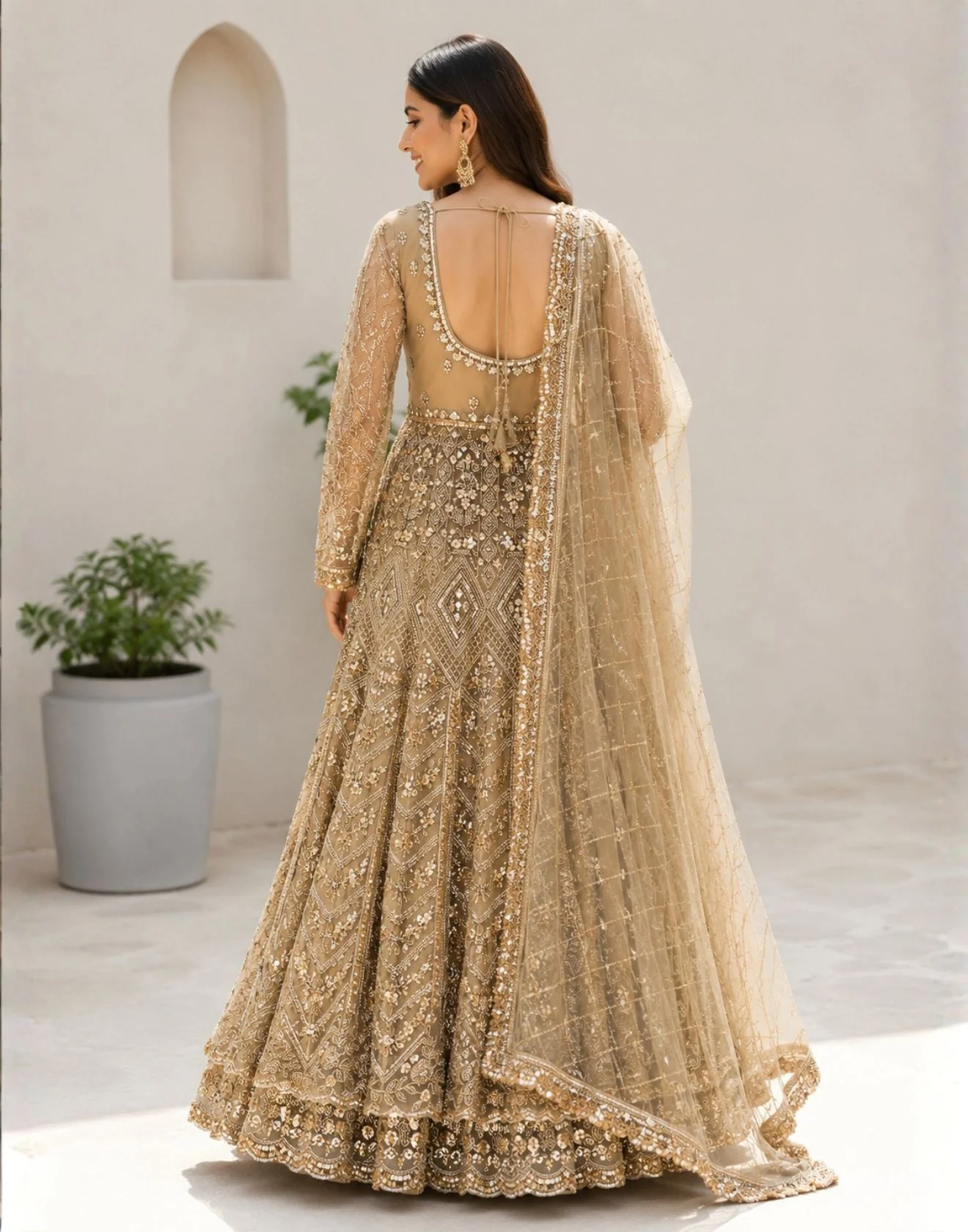 Dusty Matté Peach Sangeet Lehenga Set With Long Jacket - Image 2