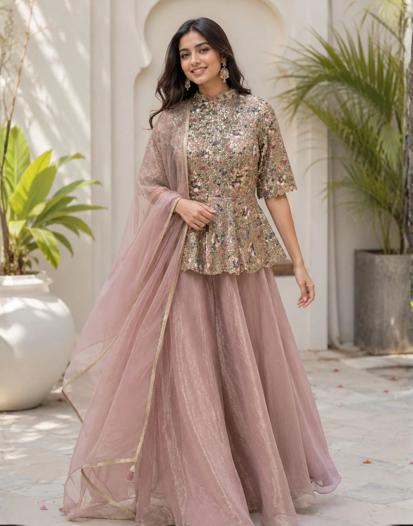 Dusty Rose Thread Embroidered Peplum Suit Set