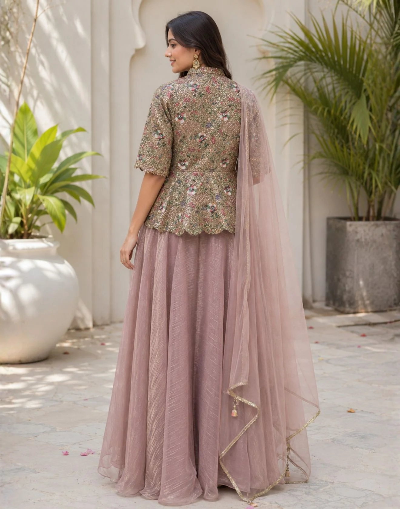 Dusty Rose Thread Embroidered Peplum Suit Set - Image 2