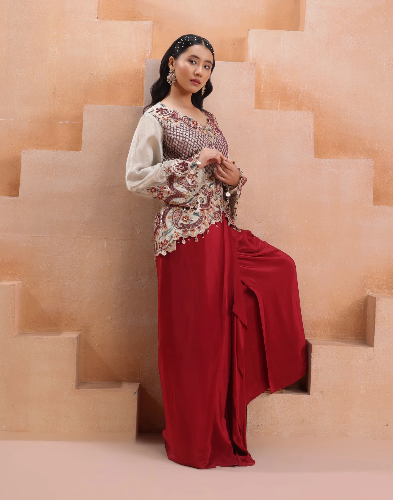 Embroidered Organza Zipper Koti With Pleated Drape Skirt Set