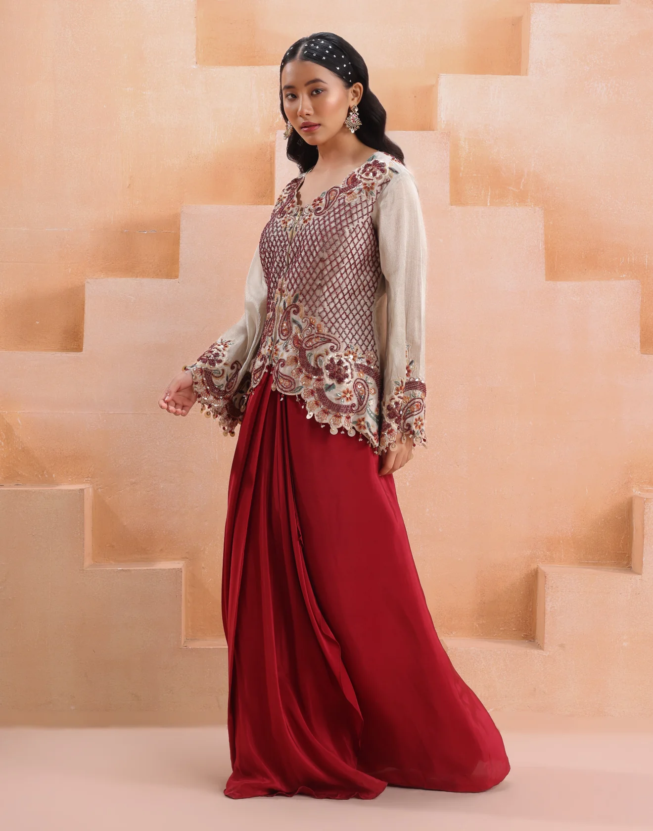 Embroidered Organza Zipper Koti With Pleated Drape Skirt Set - Image 3