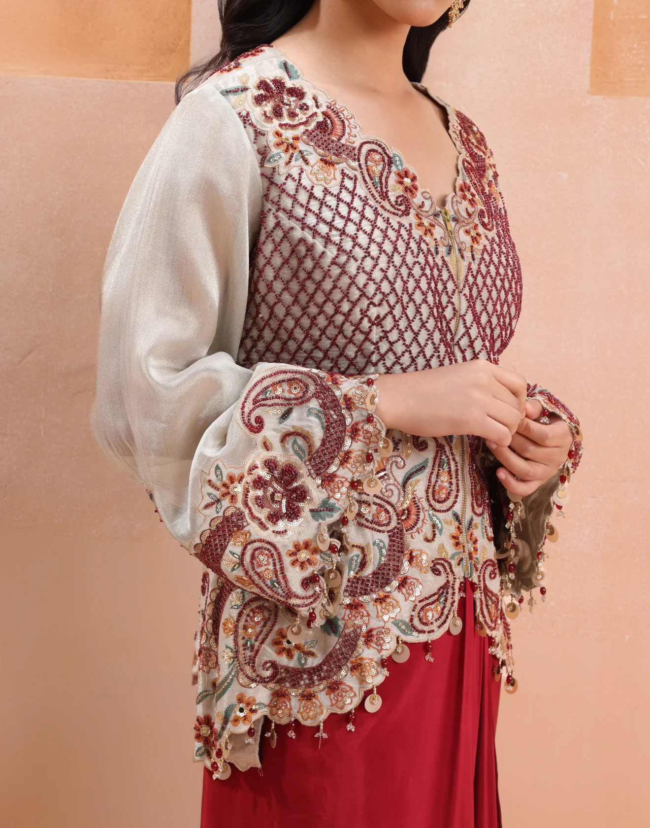Embroidered Organza Zipper Koti With Pleated Drape Skirt Set - Image 4