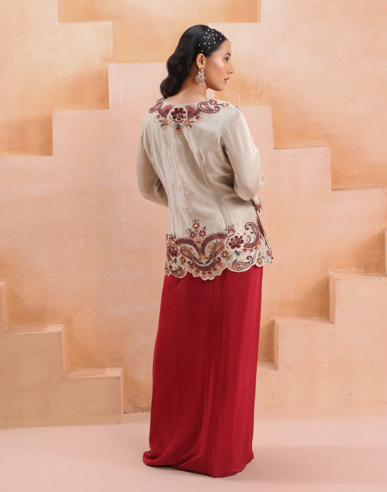 Embroidered Organza Zipper Koti With Pleated Drape Skirt Set - Image 5