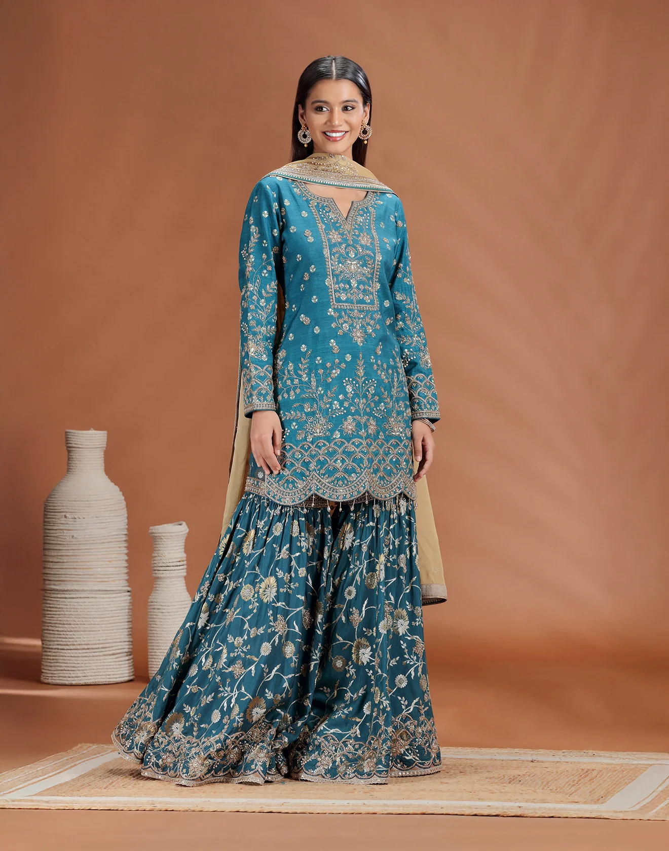 Emerald Teal Hand Embroidered Sharara Wedding Suit - Image 3