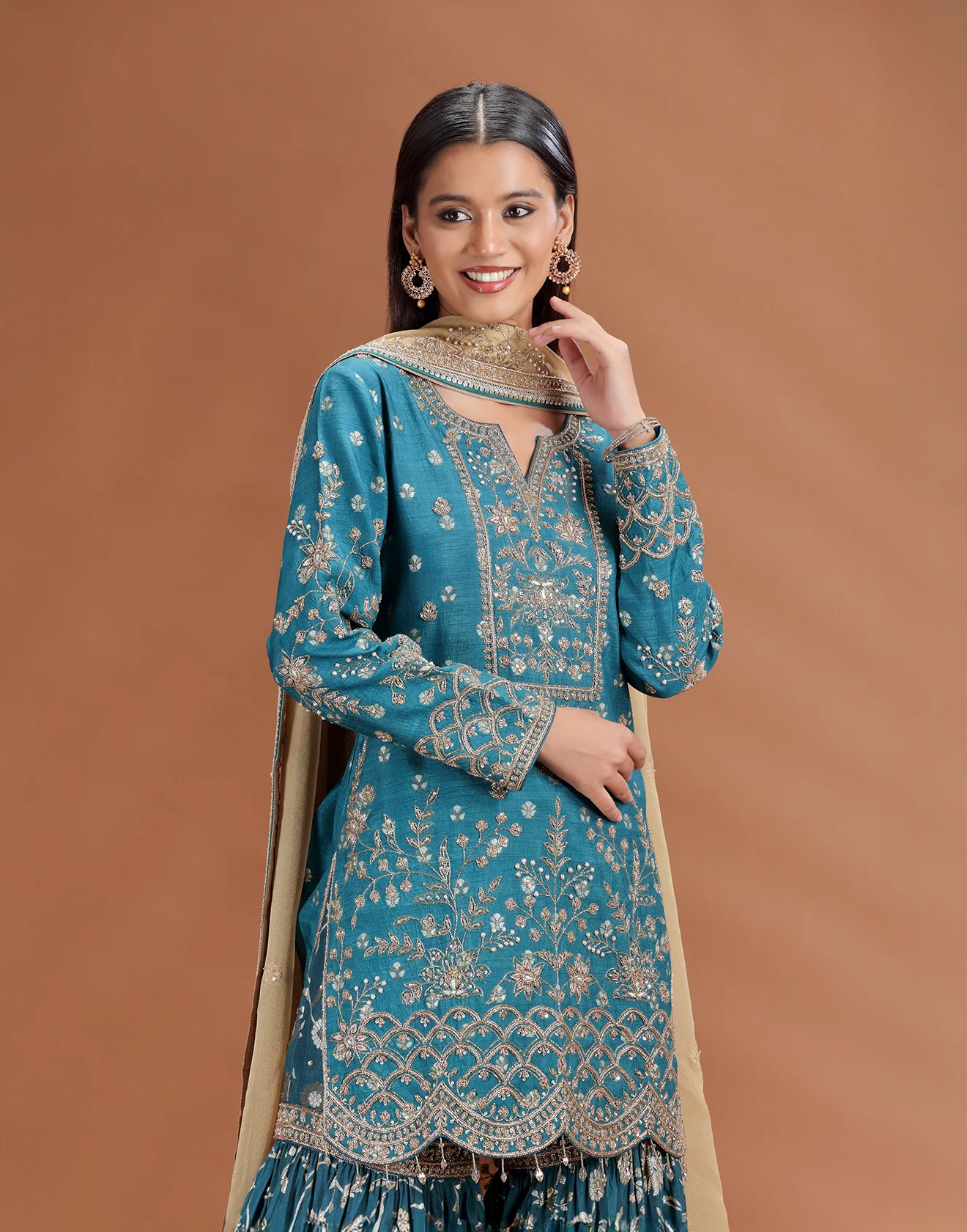 Emerald Teal Hand Embroidered Sharara Wedding Suit - Image 4