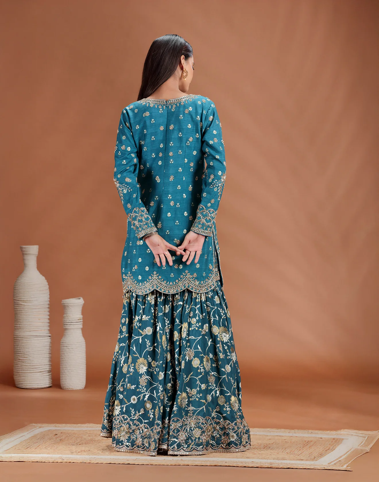 Emerald Teal Hand Embroidered Sharara Wedding Suit - Image 5