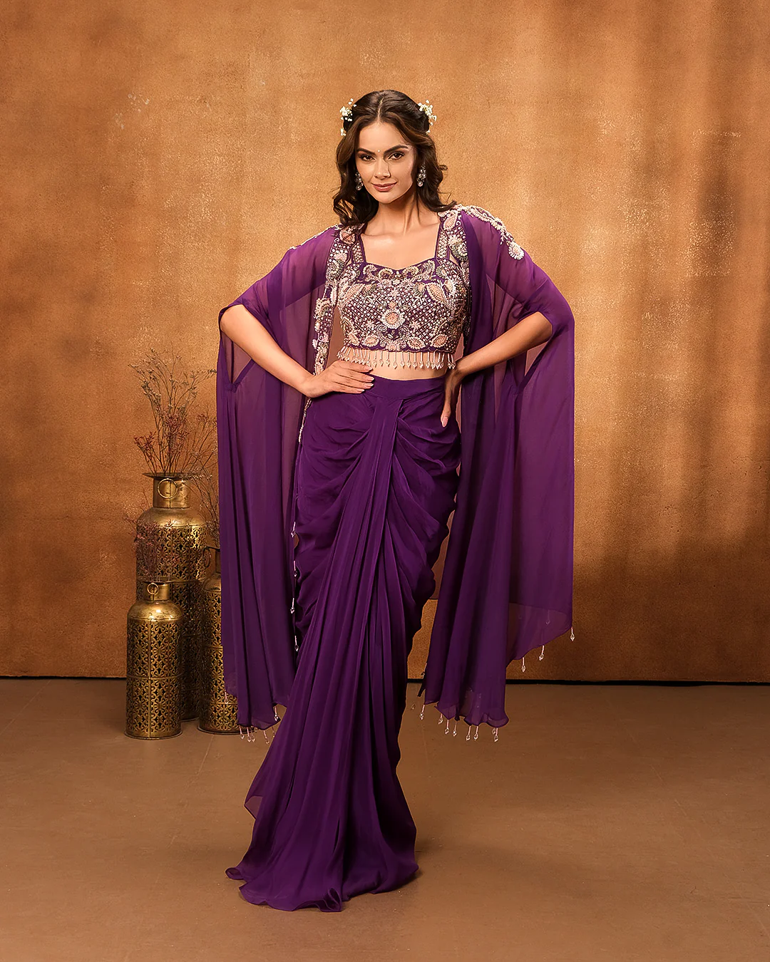 Enchanted Purple Embellished Bustier With Jacket & Drape Skirt Set - Image 2