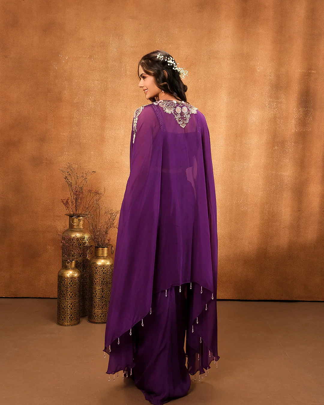 Enchanted Purple Embellished Bustier With Jacket & Drape Skirt Set - Image 6