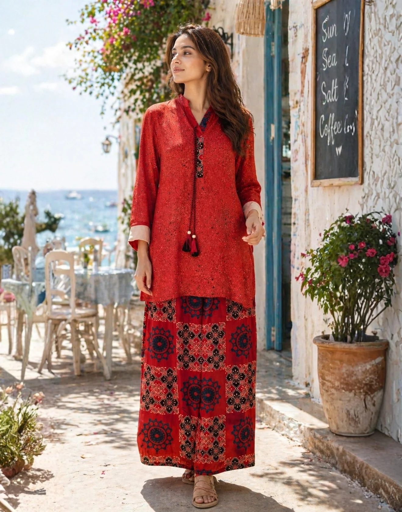 Fire Brick Ajrakh Printed Blended Satin Co-Ord Kurta Set