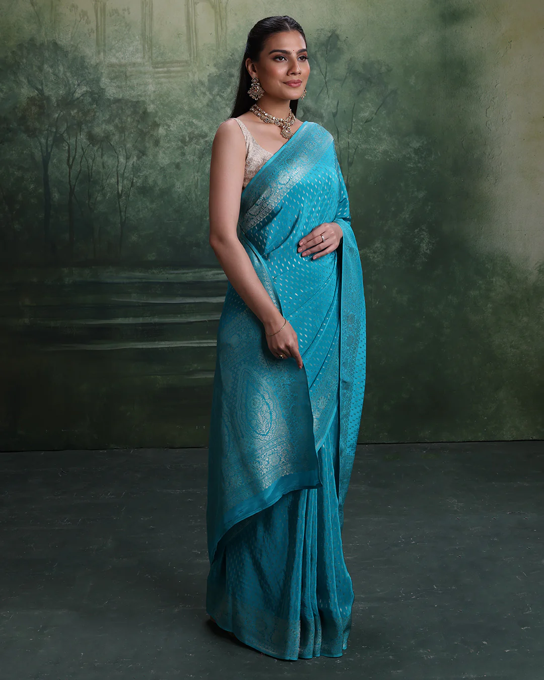 Firozi Noor Dola Silk Saree With Unstitched Blouse Fabric - Image 3