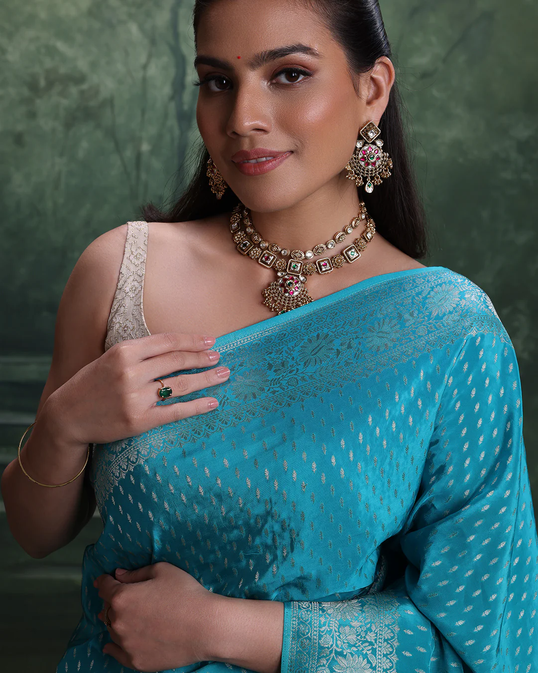 Firozi Noor Dola Silk Saree With Unstitched Blouse Fabric - Image 4