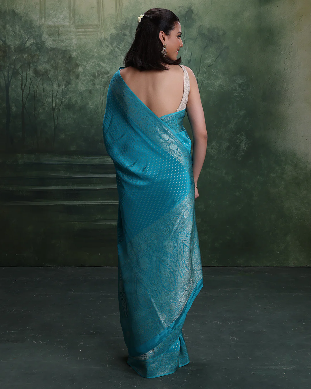 Firozi Noor Dola Silk Saree With Unstitched Blouse Fabric - Image 6