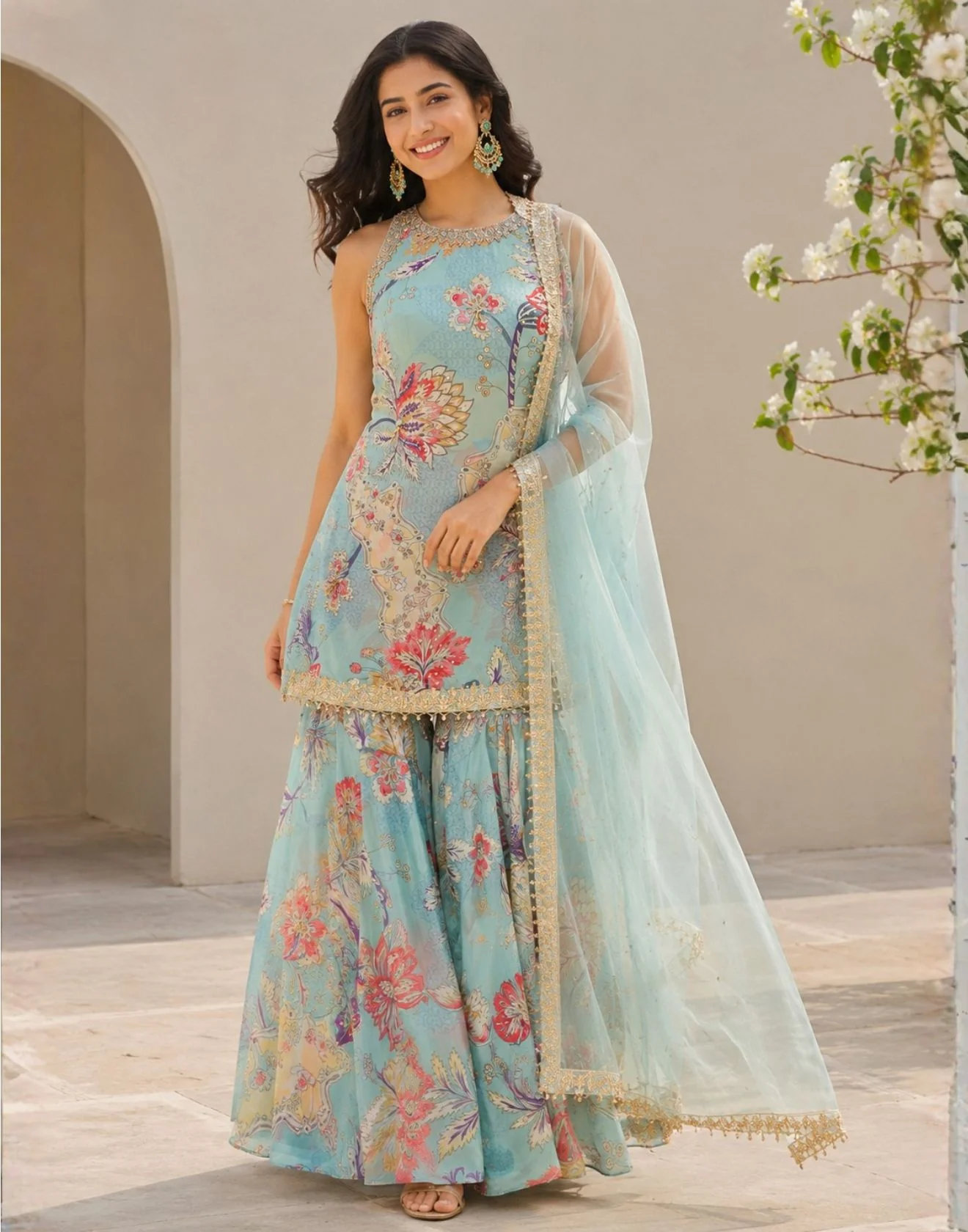 Firozi Noor Floral Printed Festive Gharara Set