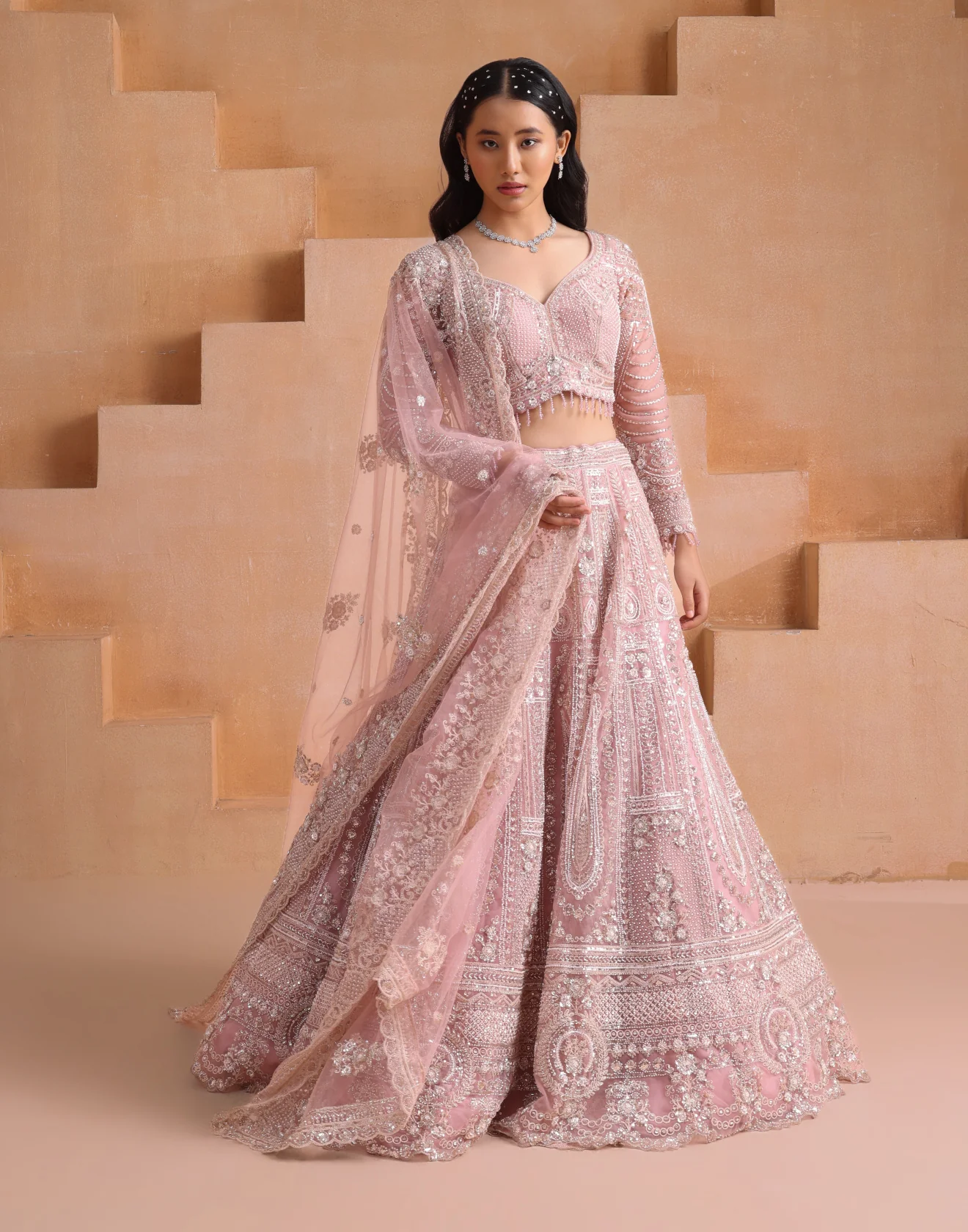 Flamingo Blush Embellished Bridal Lehenga For Sangeet