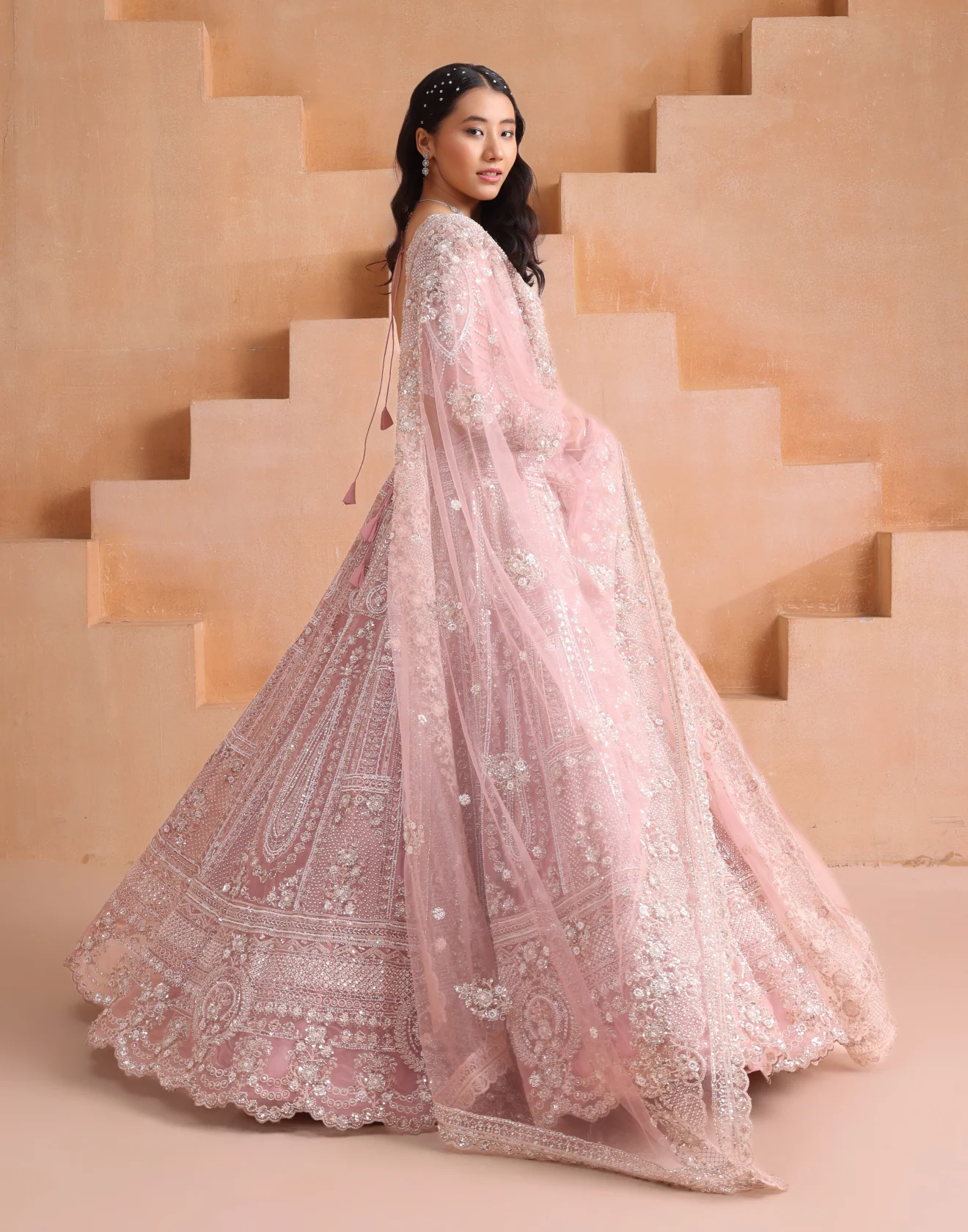 Flamingo Blush Embellished Bridal Lehenga For Sangeet - Image 3