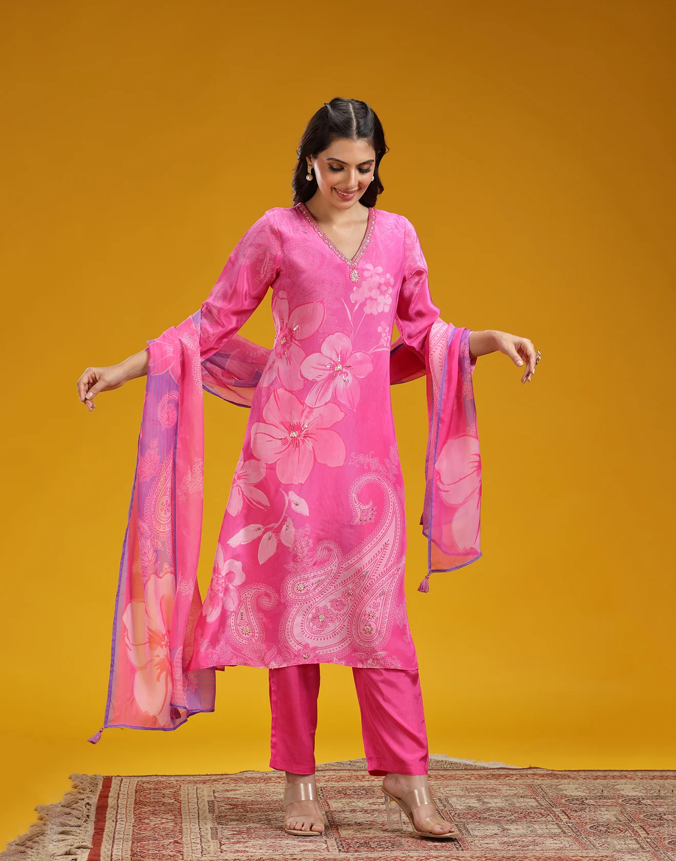 Flamingo Punch Floral Printed Crepe Silk Kurta Set