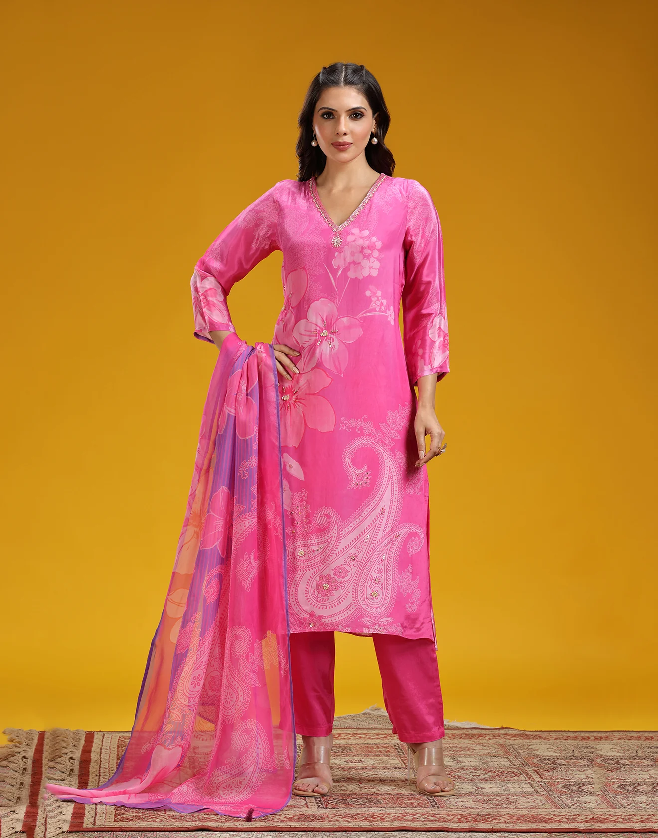 Flamingo Punch Floral Printed Crepe Silk Kurta Set - Image 3