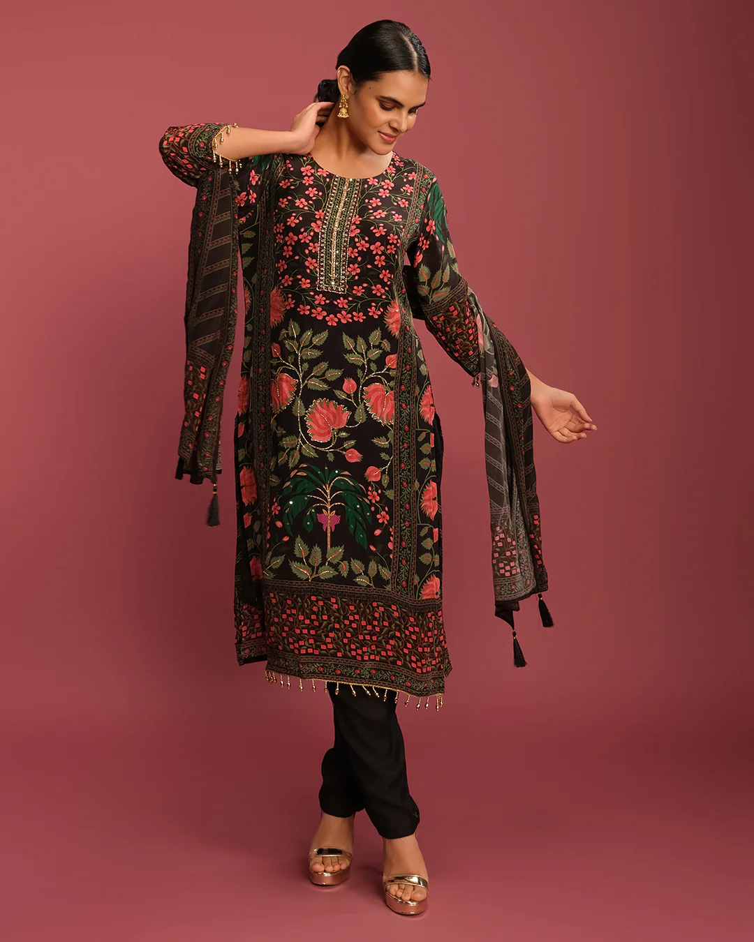 Flora Bloom Printed Pure Crepe Silk Kurta Set - Image 2