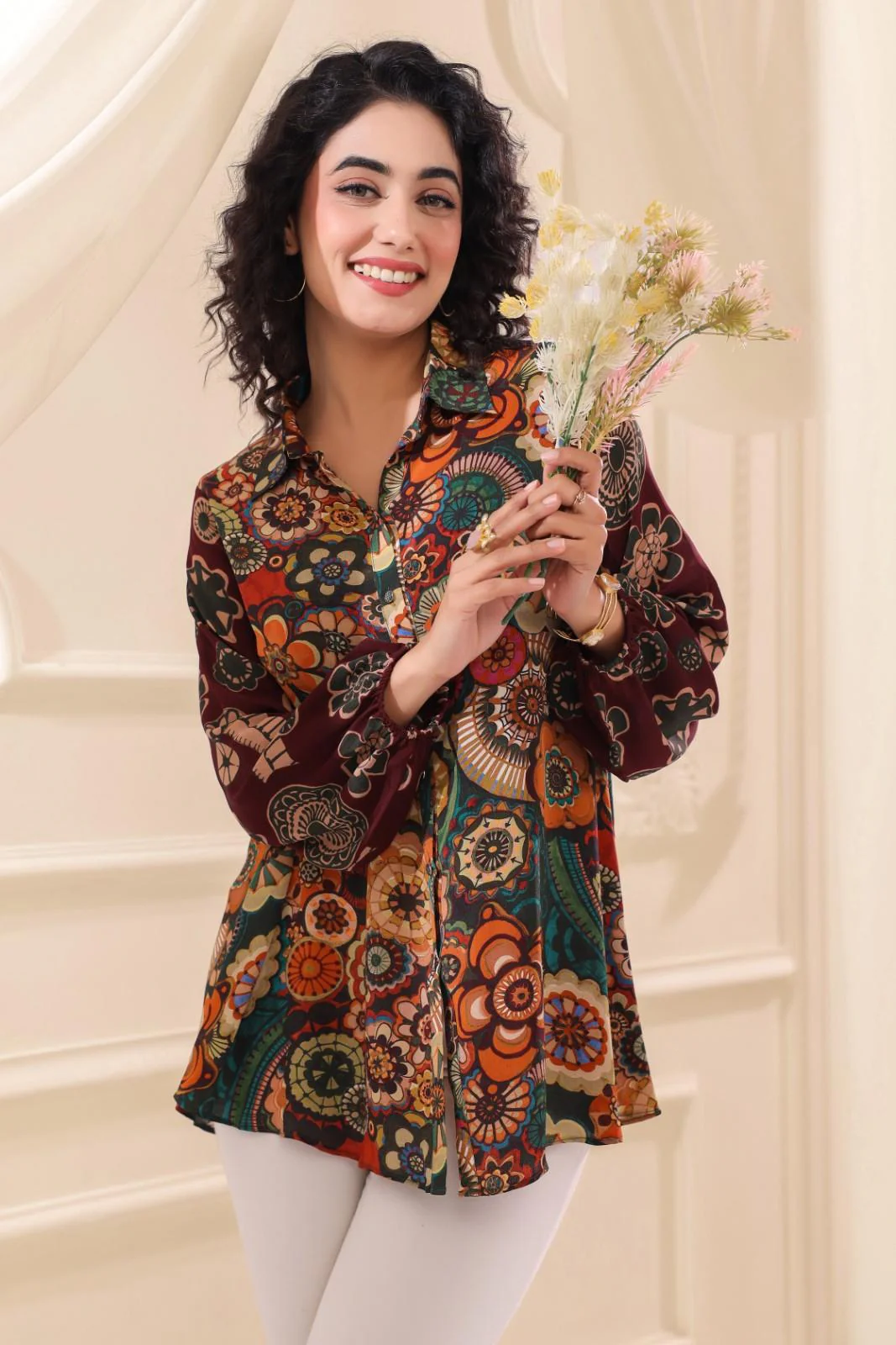 Flora Doodle Crepe Tunic Shirt - Image 2