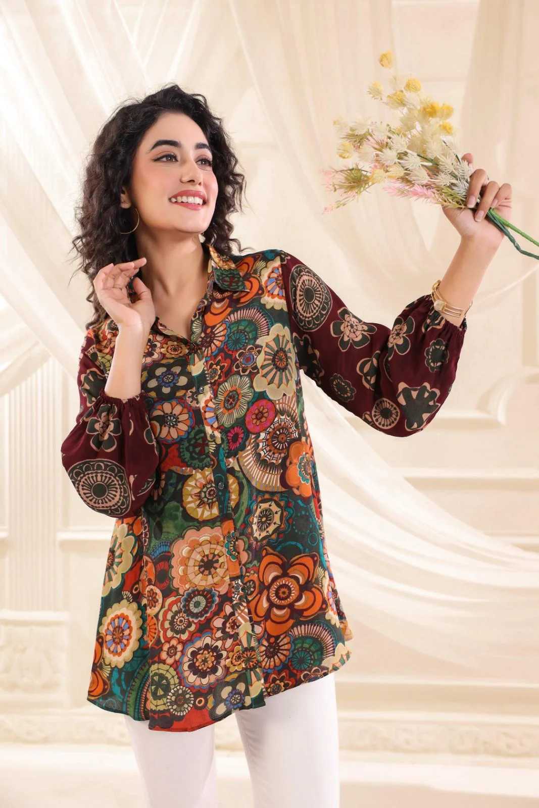 Flora Doodle Crepe Tunic Shirt - Image 3