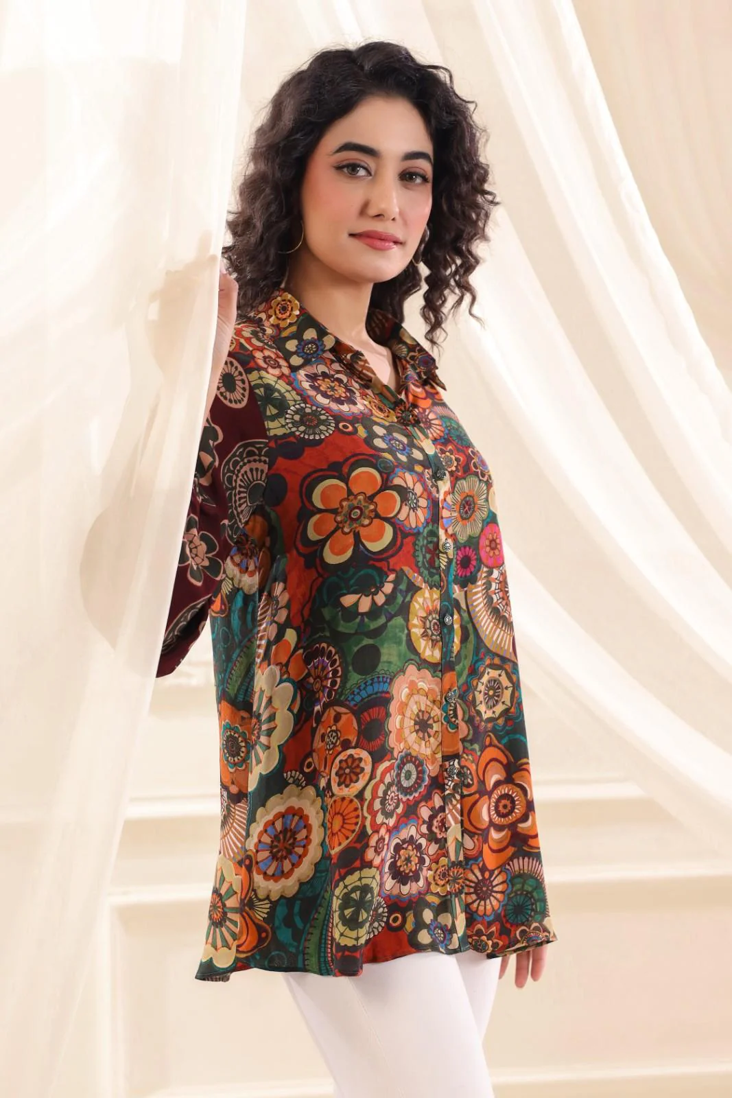 Flora Doodle Crepe Tunic Shirt - Image 4