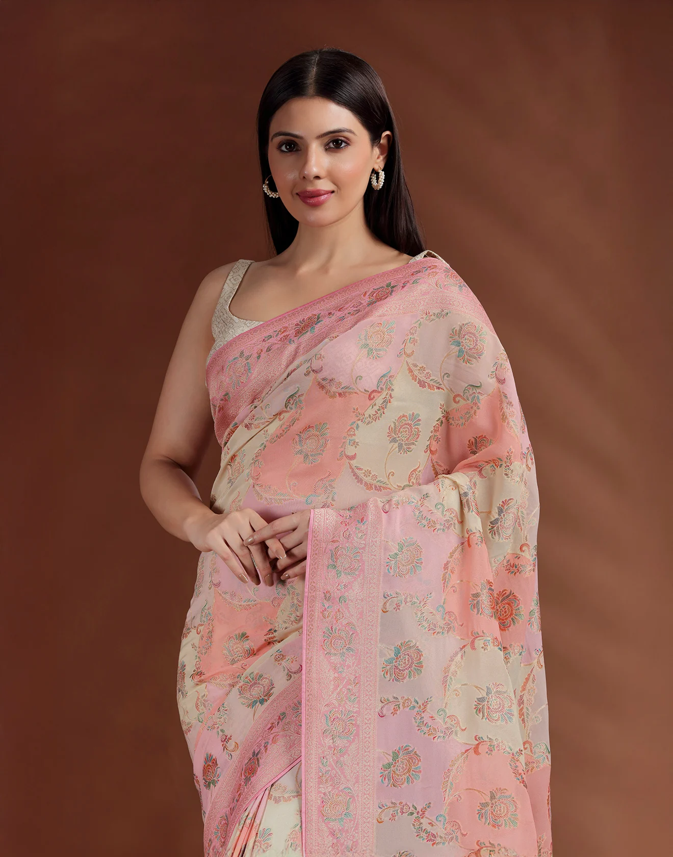 Floral Sorbet Dola Georgette Saree With Unstitched Blouse Fabric - Image 3