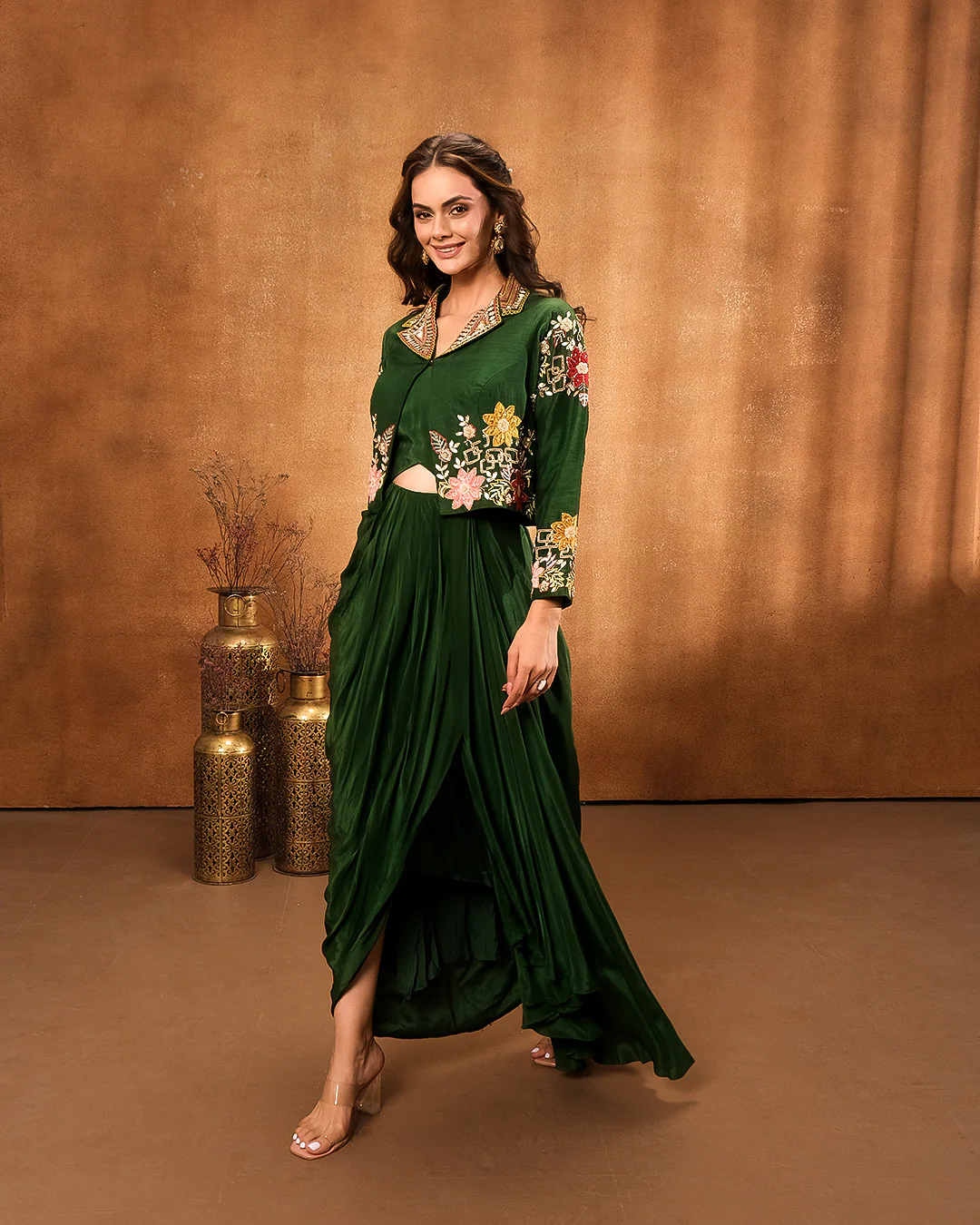 Forest Green Bustier With Embroidered Jacket And Drape Skirt - Image 2