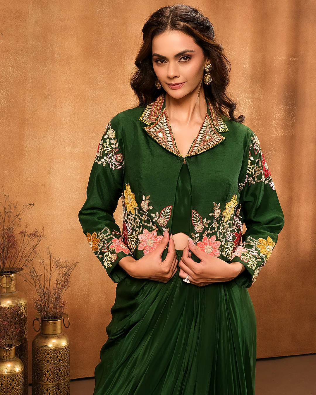 Forest Green Bustier With Embroidered Jacket And Drape Skirt - Image 3