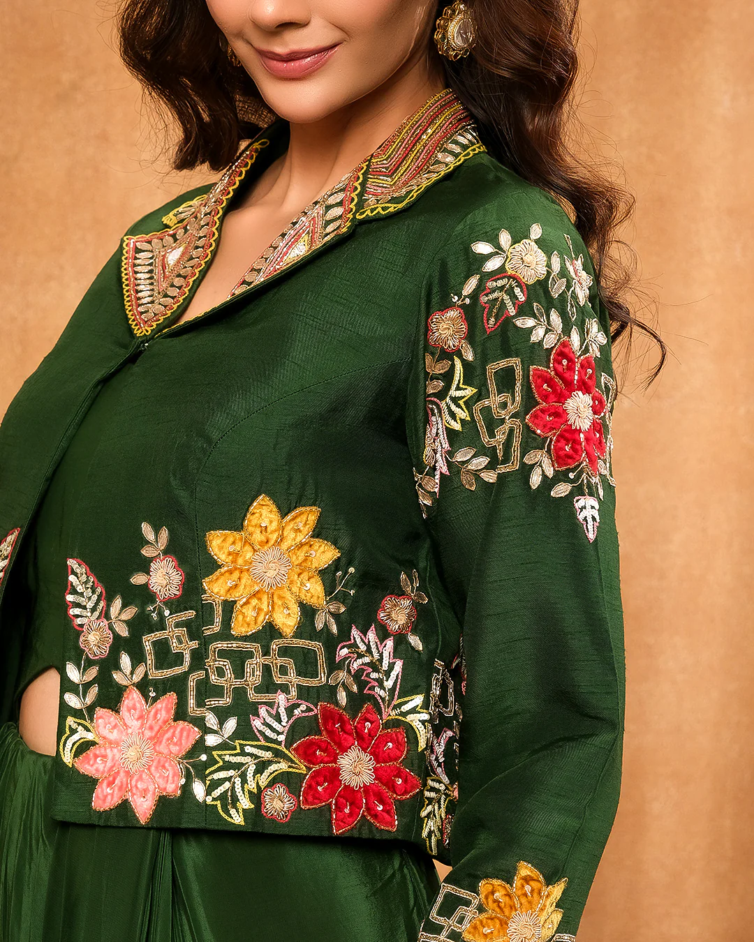 Forest Green Bustier With Embroidered Jacket And Drape Skirt - Image 4