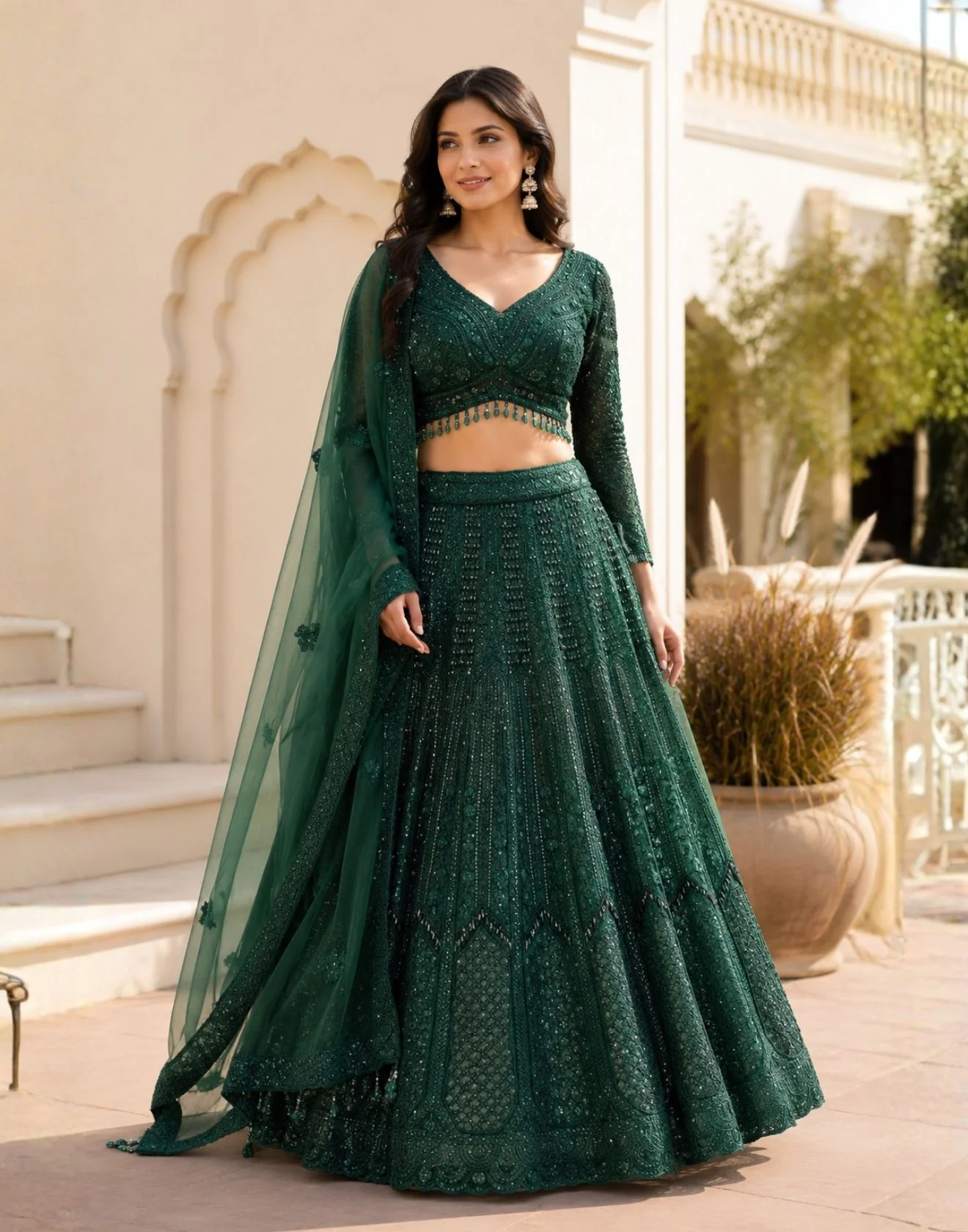 Forest Green Embellished Lehenga For Sangeet