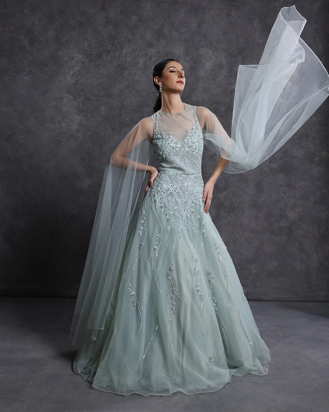 French Pista Green Embellished Bridal Gown - Image 2