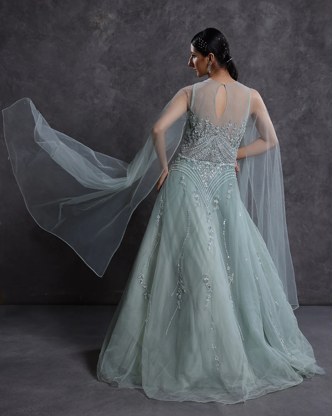 French Pista Green Embellished Bridal Gown - Image 4