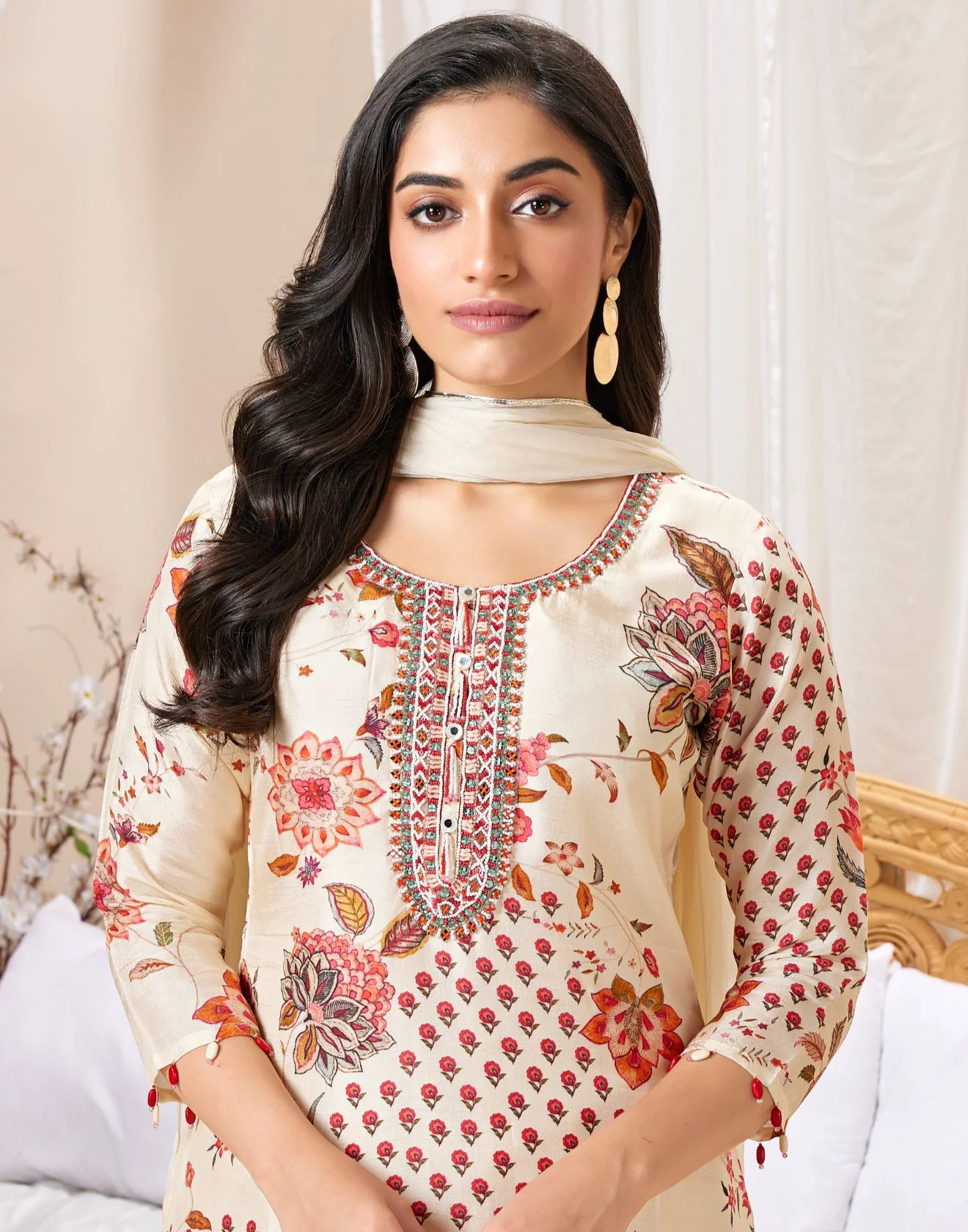 Frosty Ivory With Contrast Floral Printed Gharara Kurta Set - Image 3