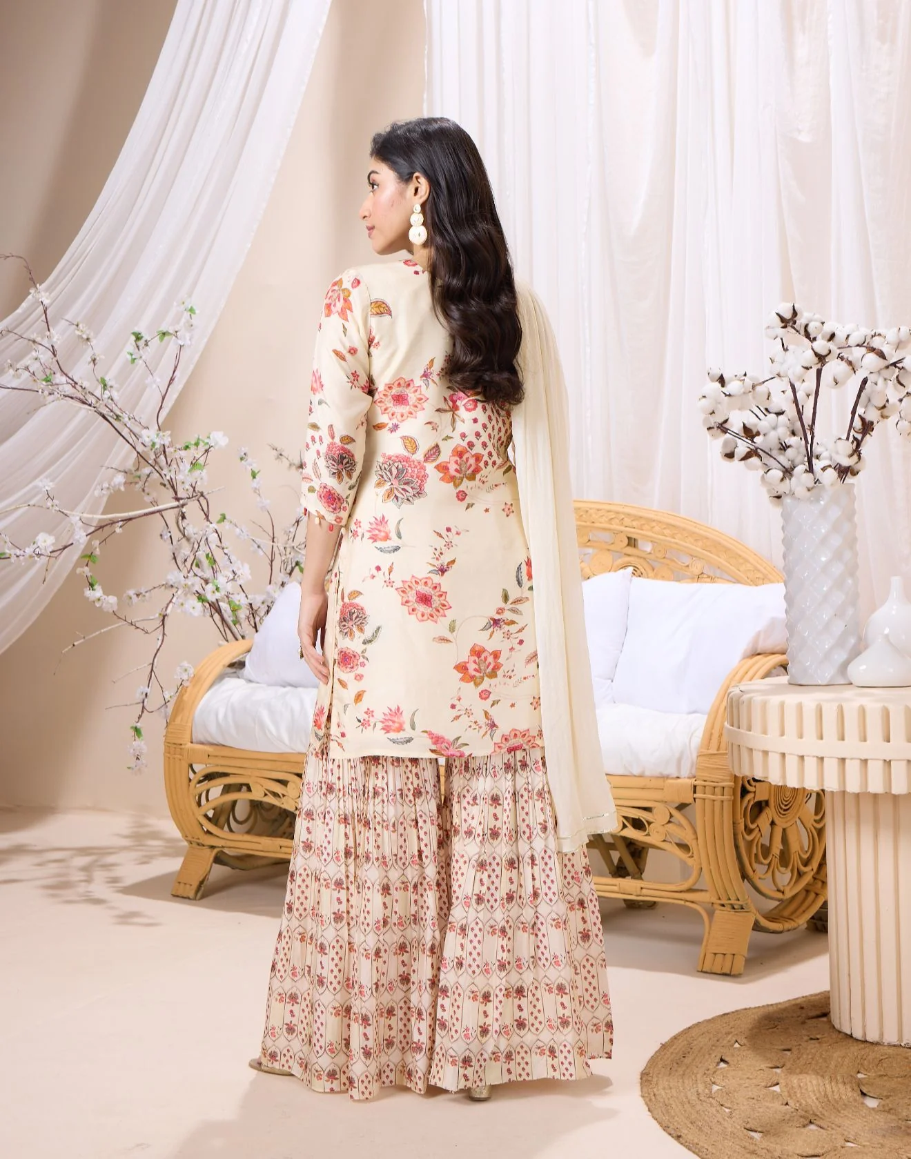 Frosty Ivory With Contrast Floral Printed Gharara Kurta Set - Image 4