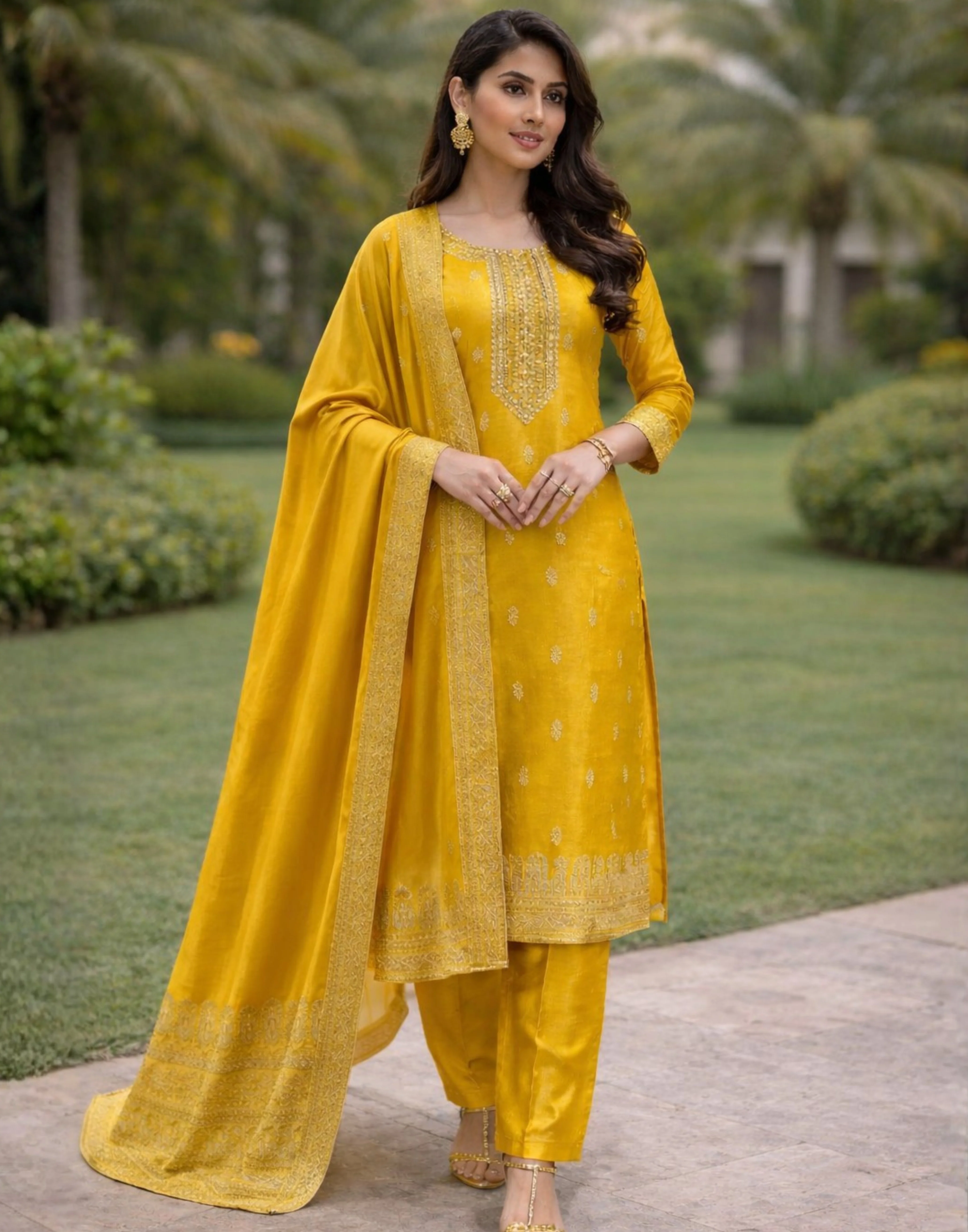 Glazing Yellow Tissue Banarasi Silk Kurta Set