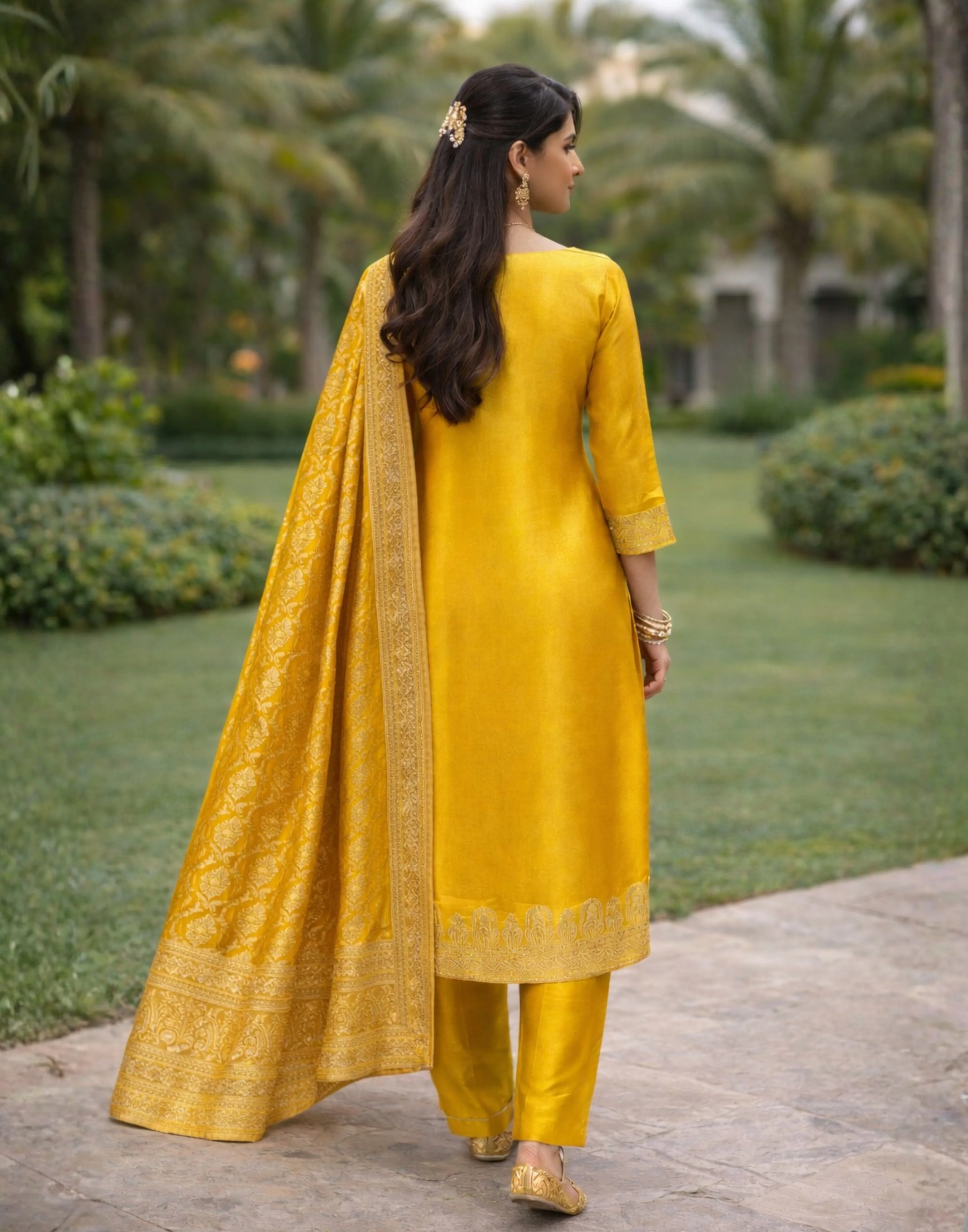 Glazing Yellow Tissue Banarasi Silk Kurta Set - Image 2