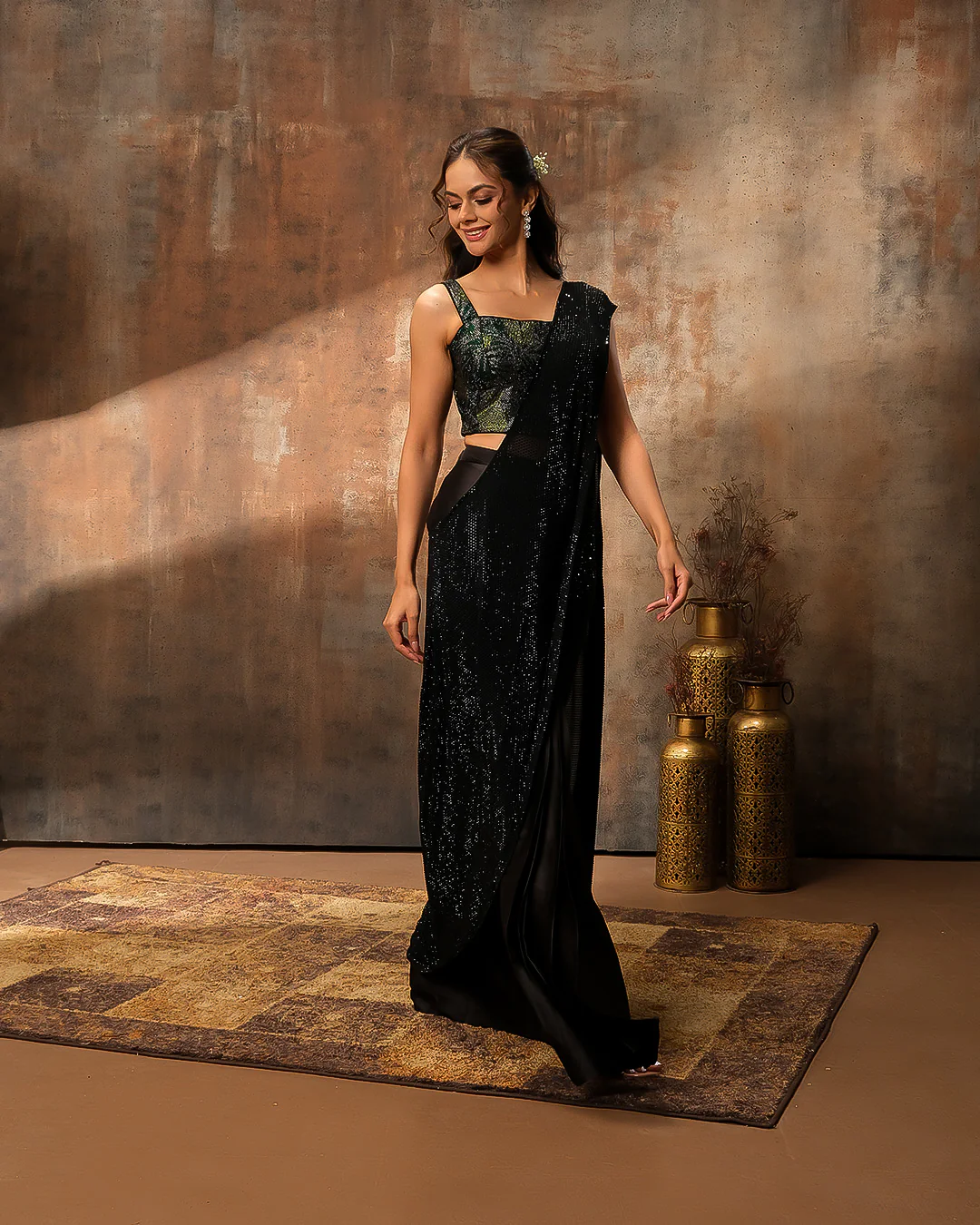Glitter Black Swarovski Embellished Crepe Silk Pre-Drape Saree - Image 2
