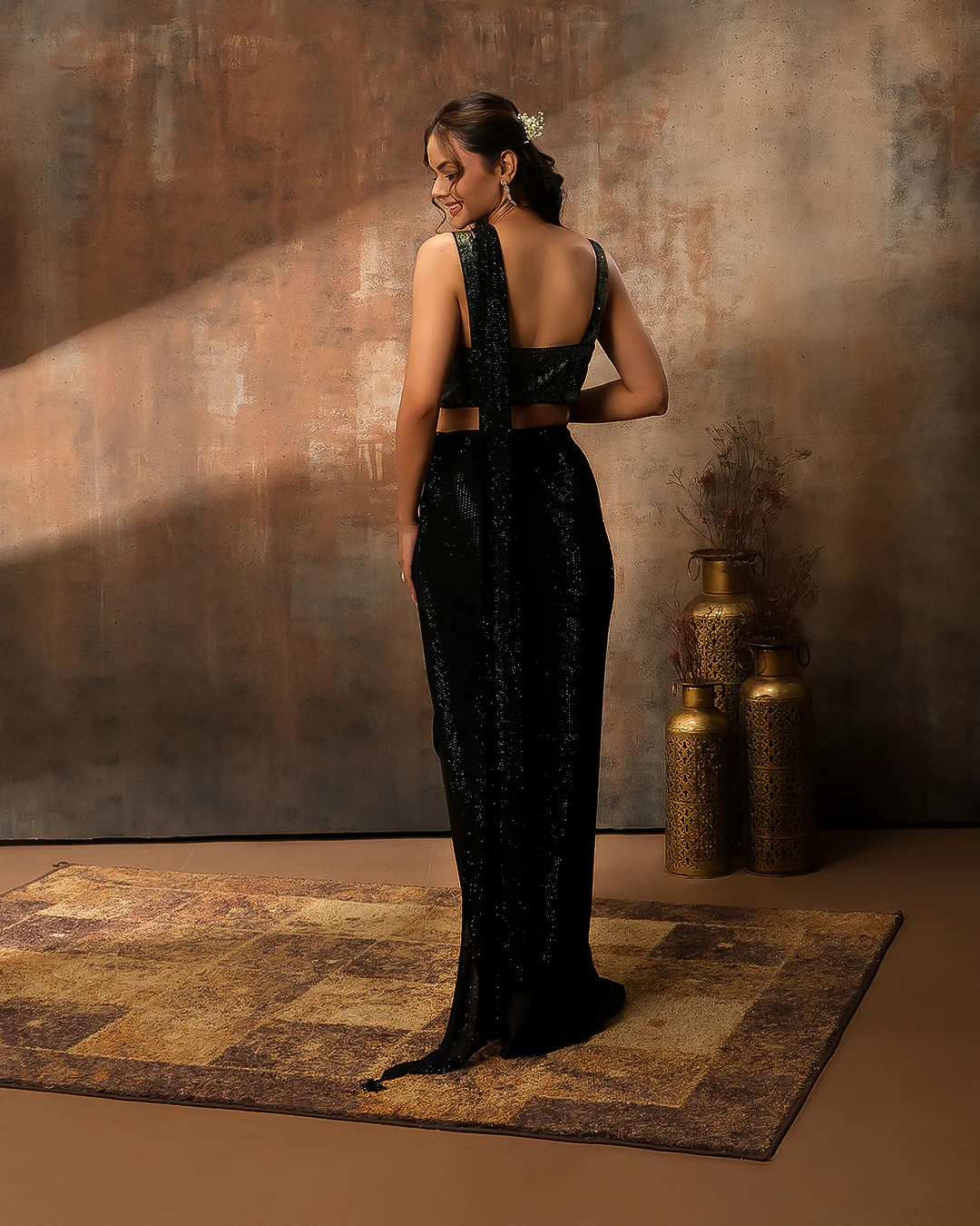 Glitter Black Swarovski Embellished Crepe Silk Pre-Drape Saree - Image 5