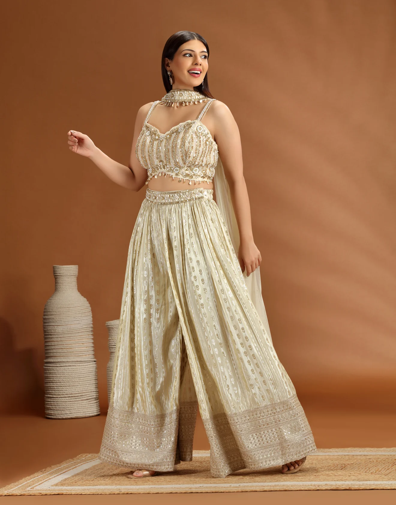 Golden Dust Embellished Blouse With Banarasi Pallazo Fusion Set - Image 2