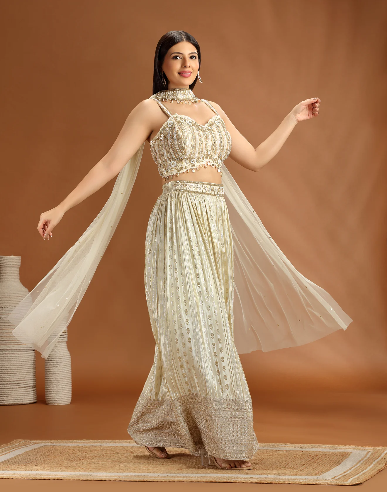 Golden Dust Embellished Blouse With Banarasi Pallazo Fusion Set - Image 3