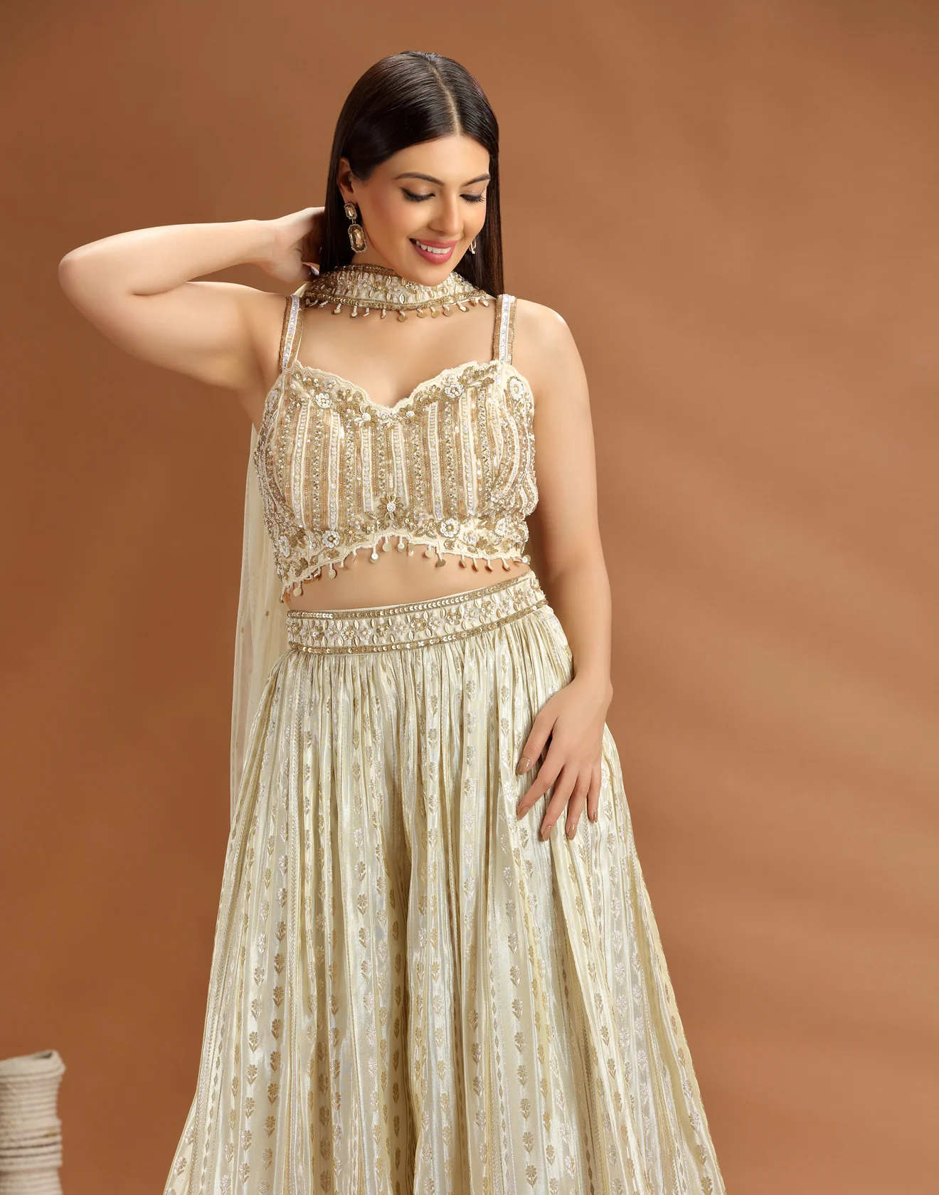 Golden Dust Embellished Blouse With Banarasi Pallazo Fusion Set - Image 4