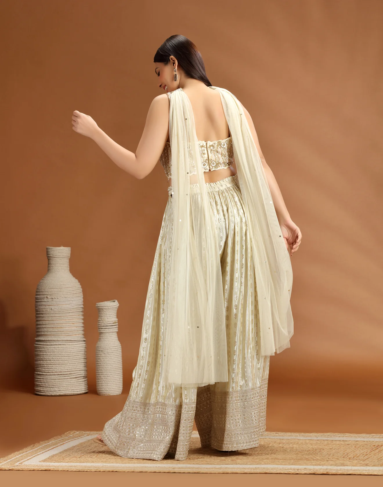 Golden Dust Embellished Blouse With Banarasi Pallazo Fusion Set - Image 5