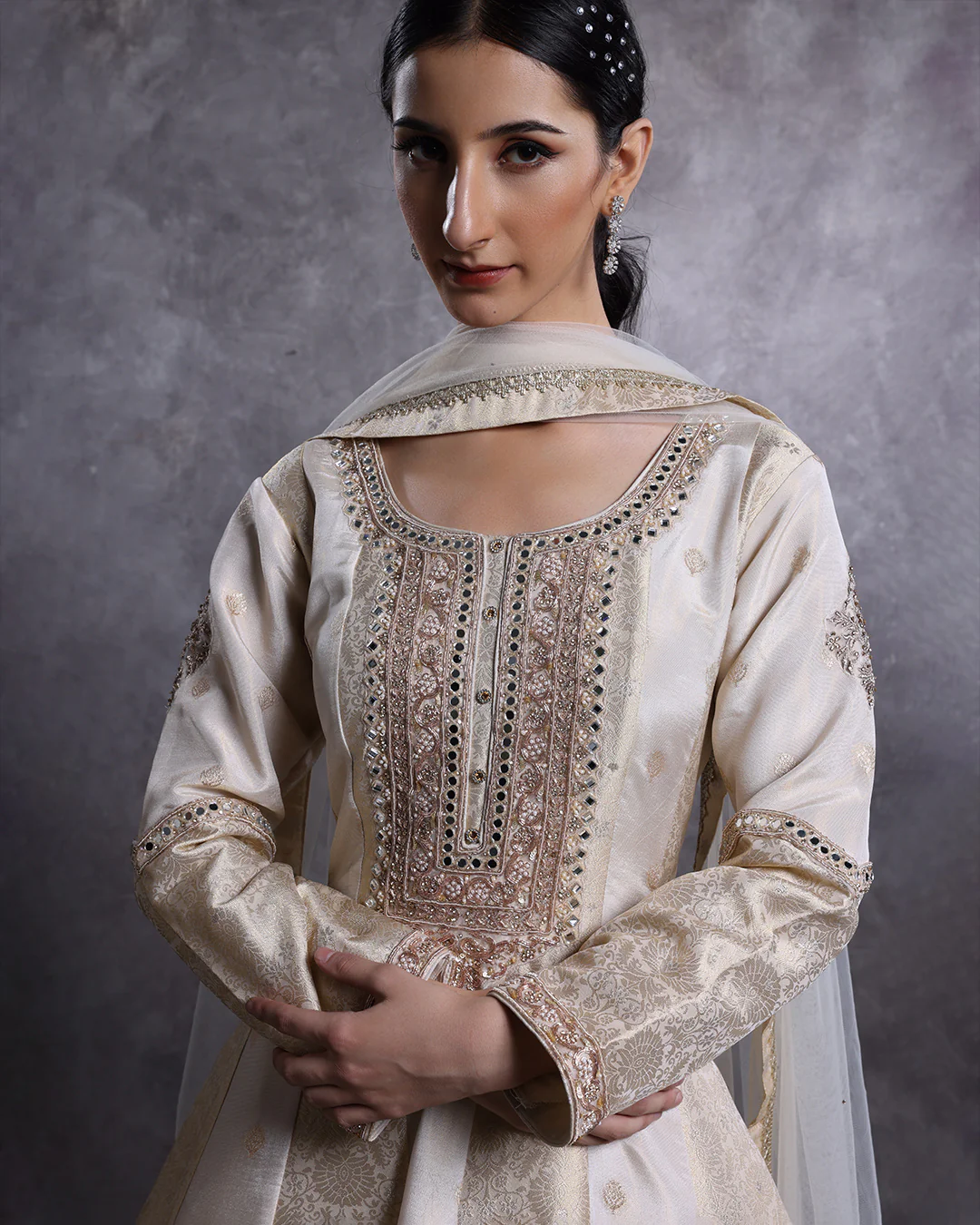 Golden Glow Banarasi Silk Anarkali Suit - Image 3