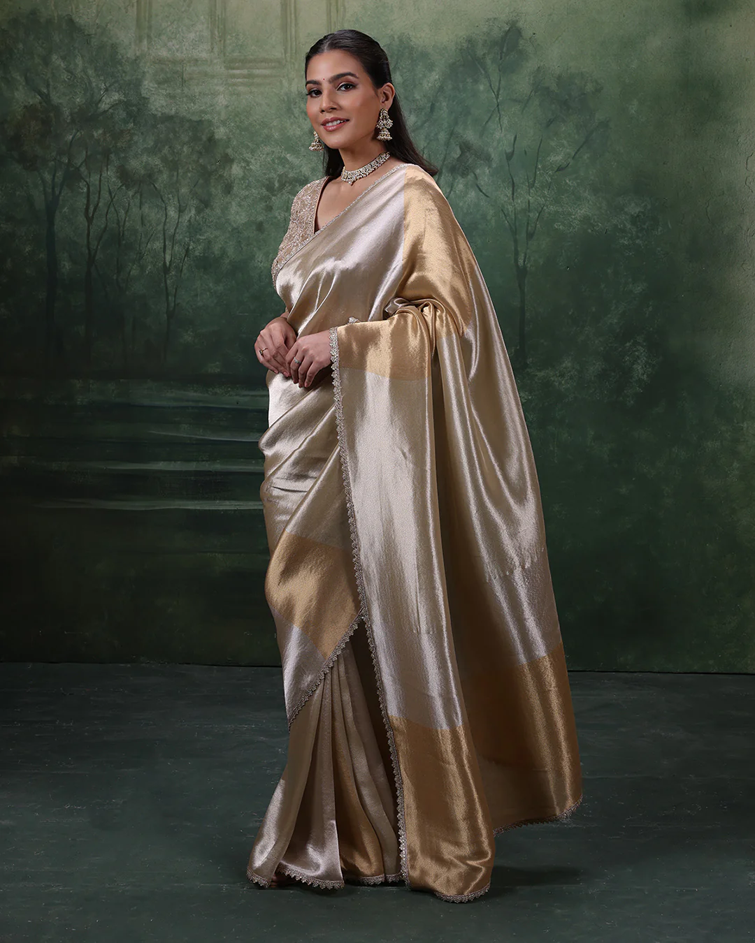 Golden Hues Tissue Silk Saree With Embroidered Stitched Blouse - Image 2