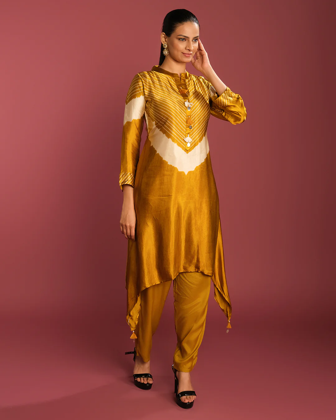 Golden Mustard Shibori Printed Kurta Set - Image 2